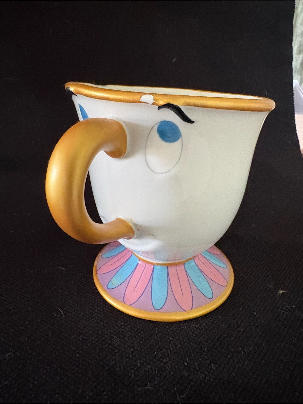 Chip-Style Gold-Handled Teacup with Pink & Blue Pedestal